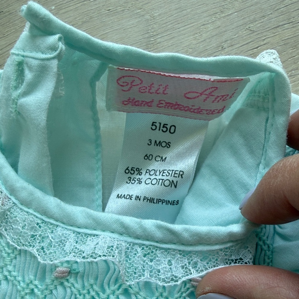 Petit Ami 3mo Smocked Baby Dress and Bloomers in Light Mint - Picture 3 of 5